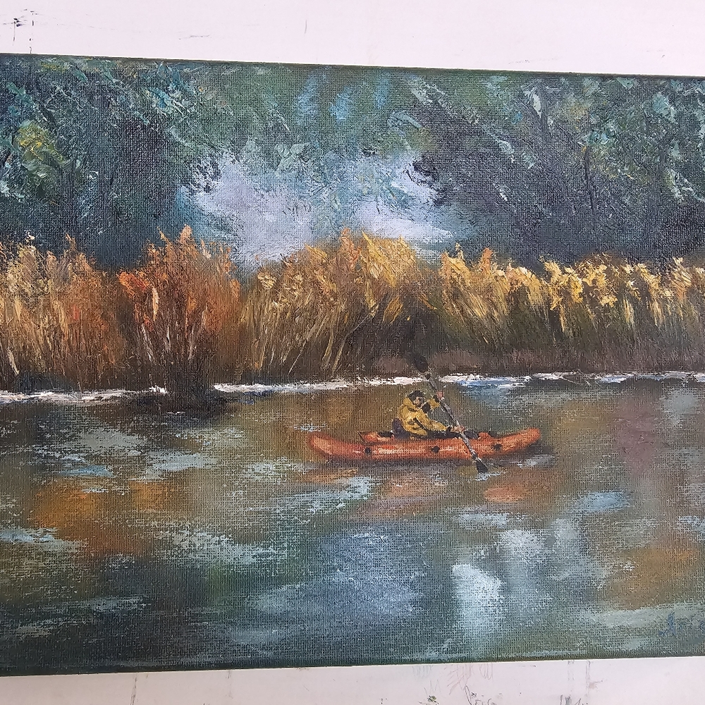 Original oil hand painted lake, boat, kayak